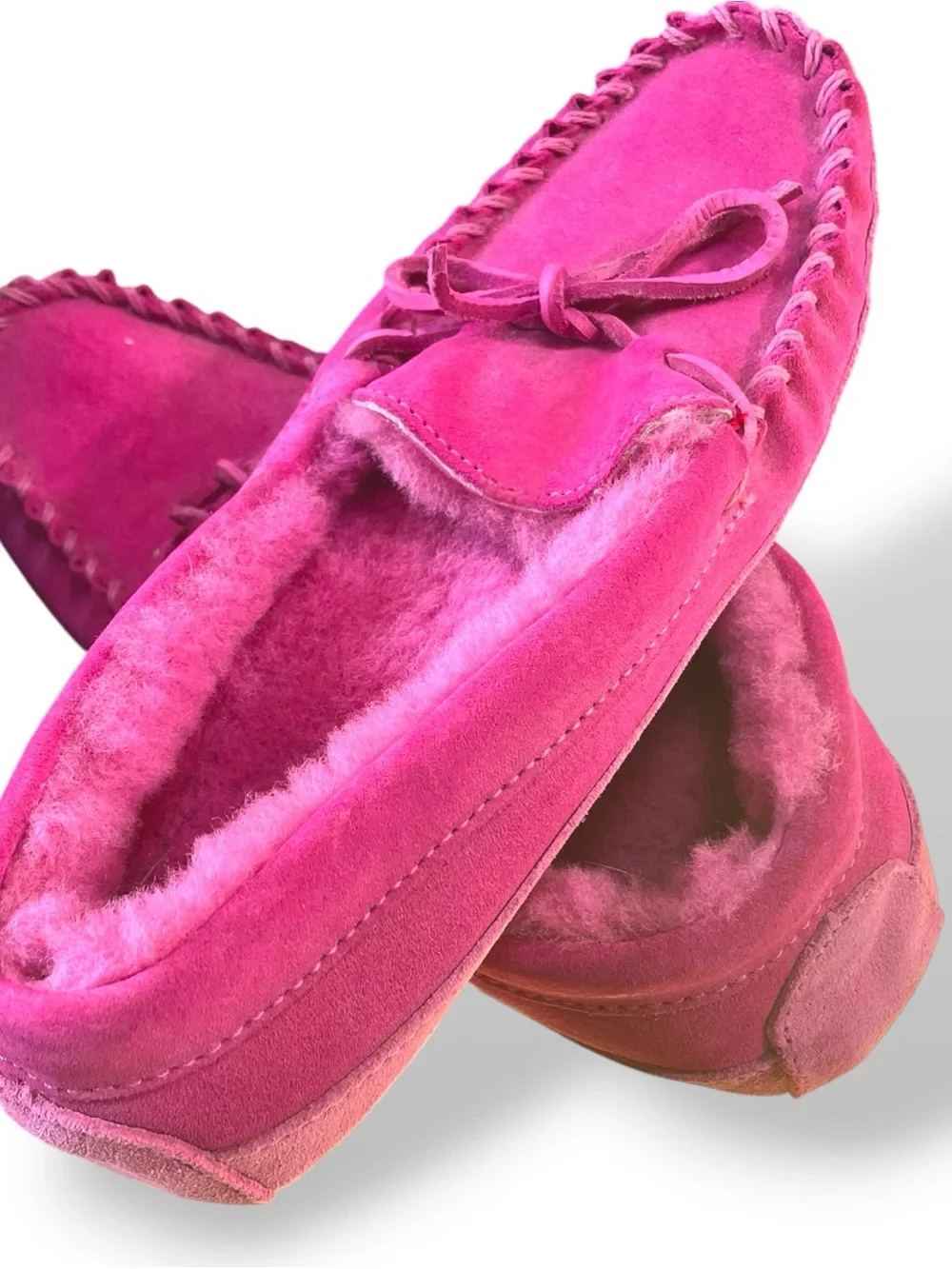 L.L. Bean PINK! Kids Size 6 Suede Leather Moccasin Slippers Soft Fleece Lining